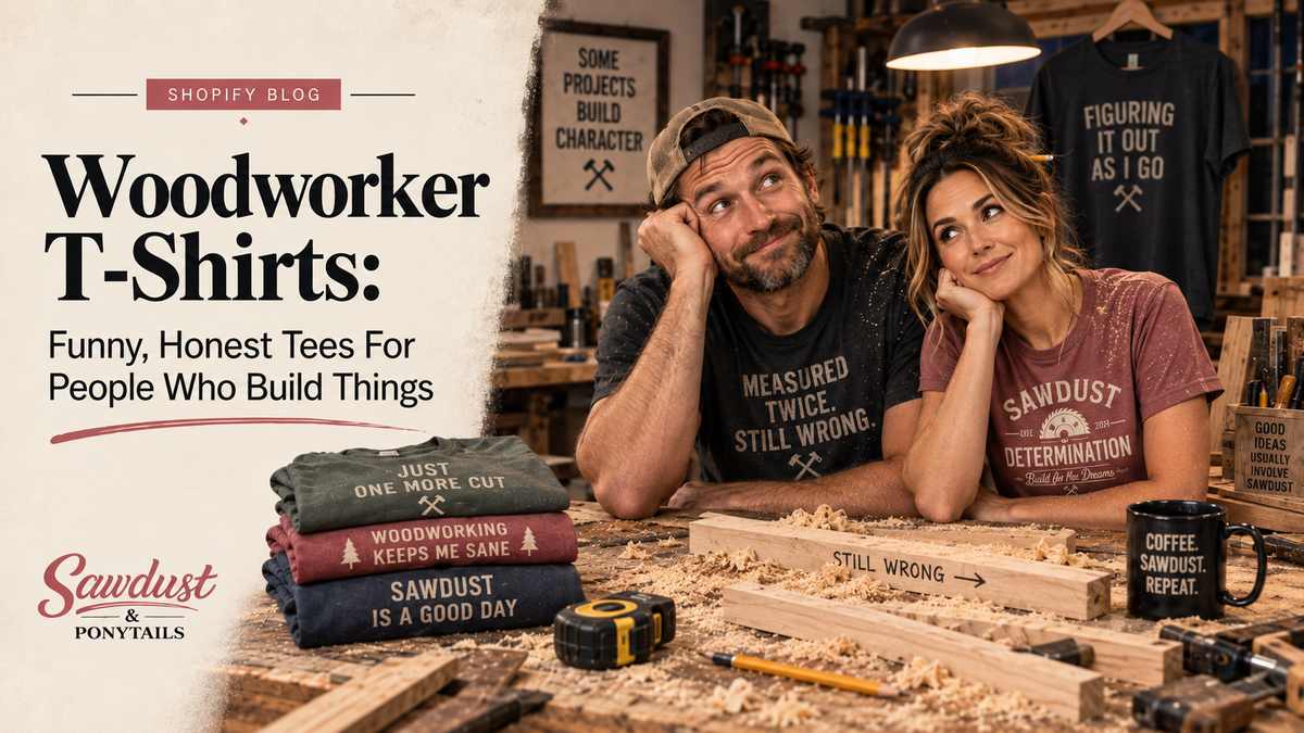 Woodworker t-shirt with crossed saw and hammer badge – funny woodworking shirts from Sawdust & Ponytails