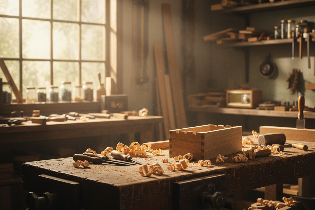 Cozy woodworking workshop with a workbench covered in wood shavings and hand tools