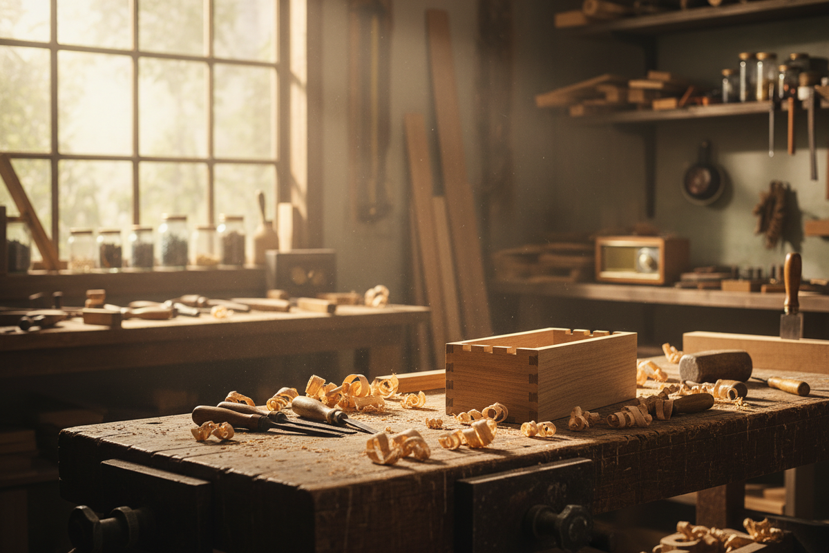 Cozy woodworking workshop with a workbench covered in wood shavings and hand tools