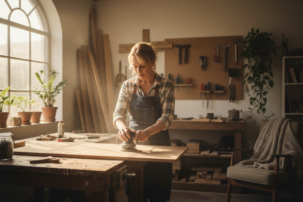 Confident woman in her mid-40s working in a woodworking workshop in warm afternoon light