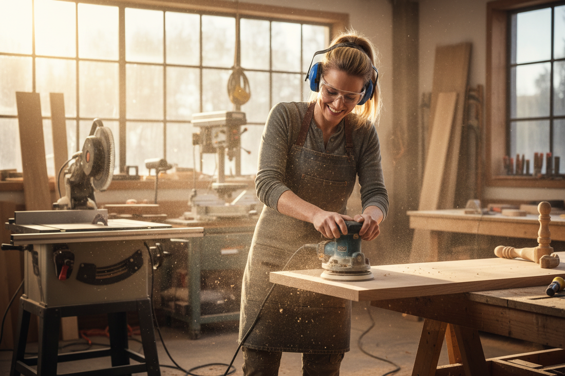 Woman using power tools in her home workshop – woodworking is cheaper than therapy