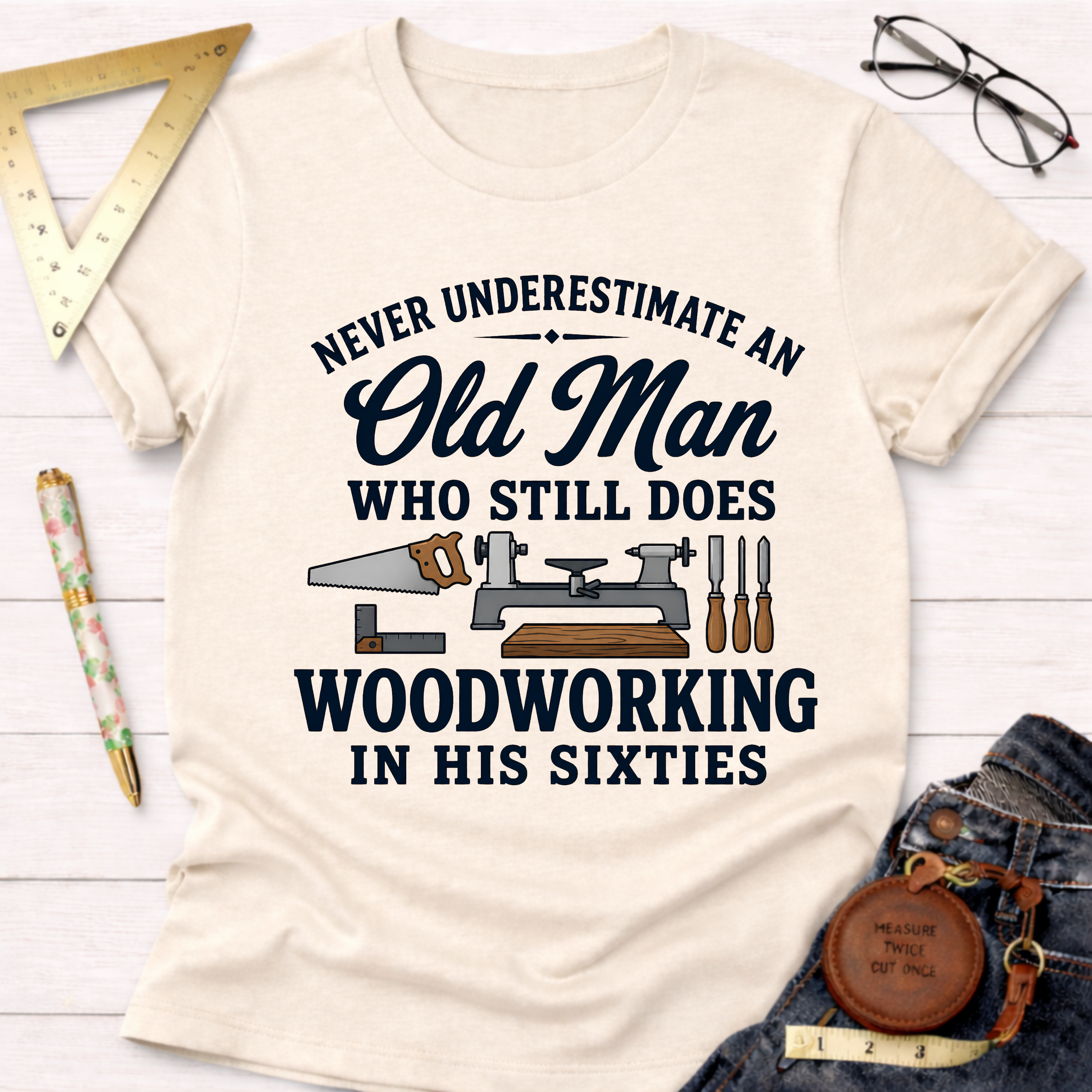 Never Underestimate An Old Man Woodworking In His 60's T-Shirt