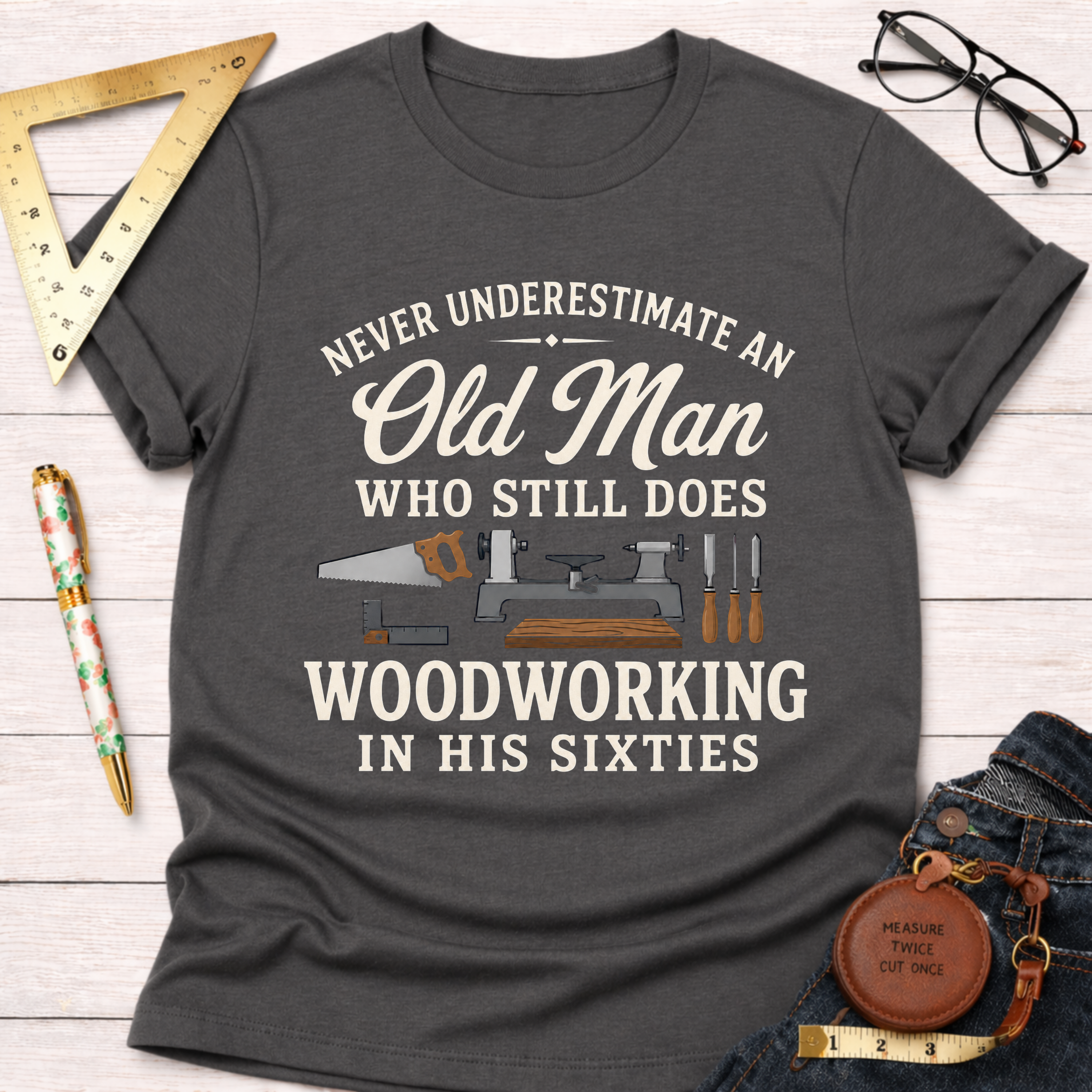Never Underestimate An Old Man Woodworking In His 60's T-Shirt