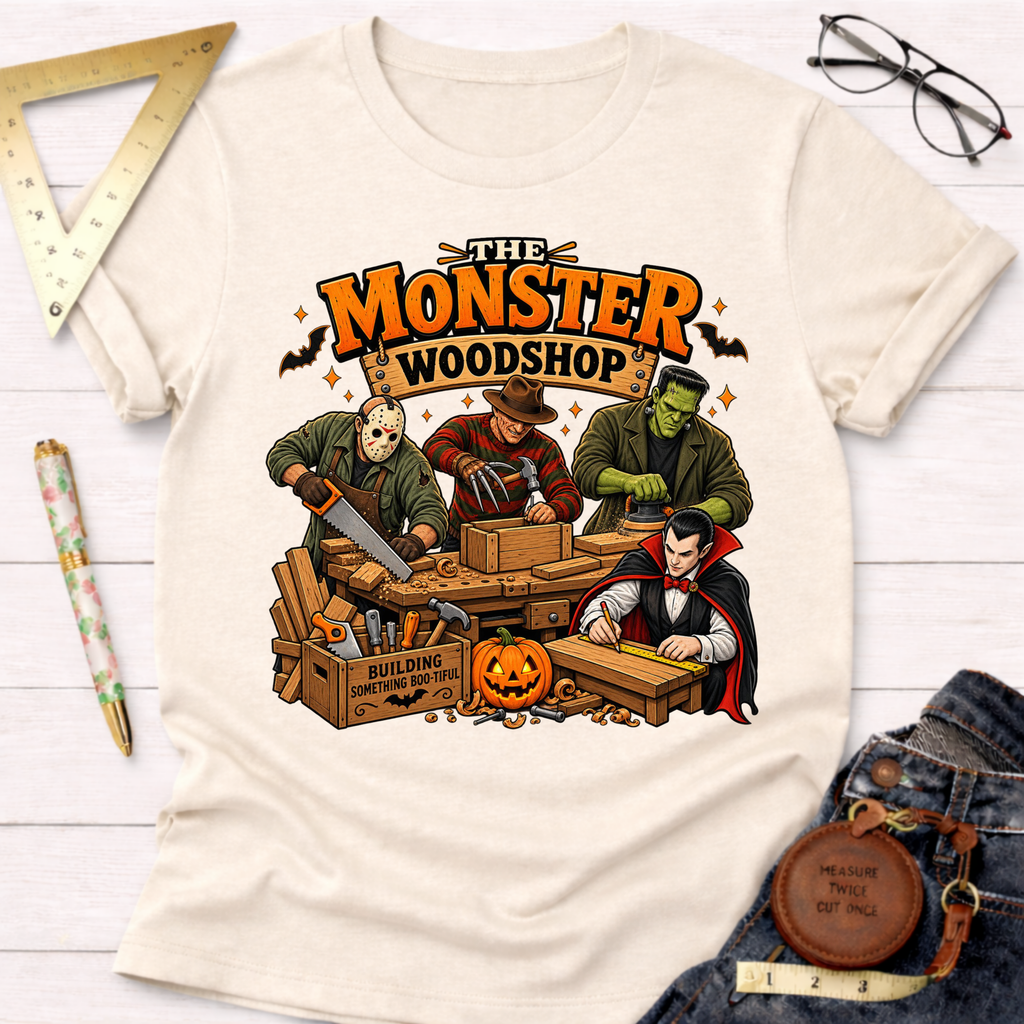 Monster Woodshop Grown funny woodworking t-shirt – Sawdust & Ponytails (view 3)