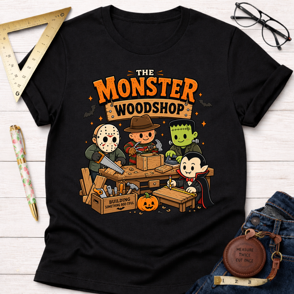 Monster Woodshop funny woodworking t-shirt – Sawdust & Ponytails (view 4)
