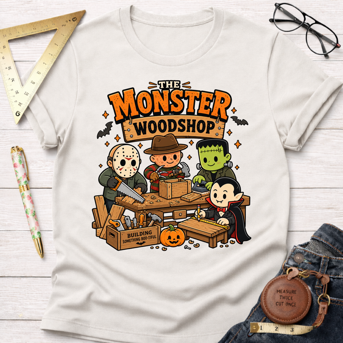 Monster Woodshop funny woodworking t-shirt – Sawdust & Ponytails (view 5)