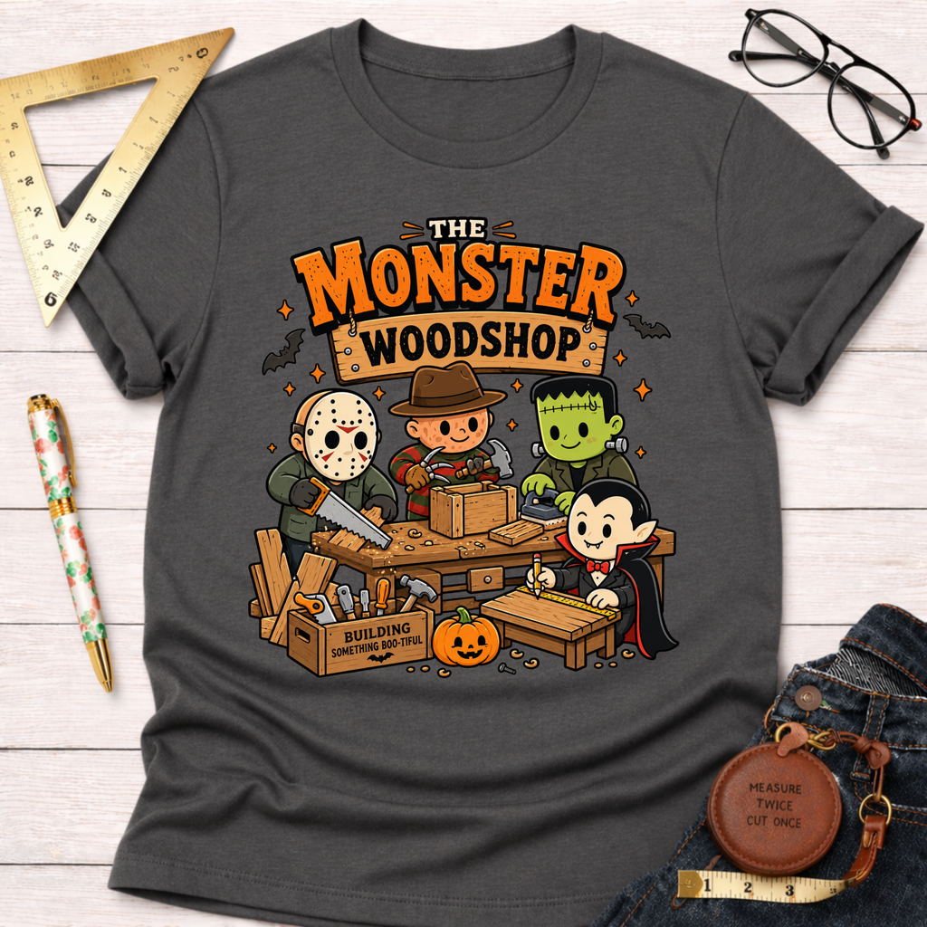 Monster Woodshop funny woodworking t-shirt – Sawdust & Ponytails (view 9)
