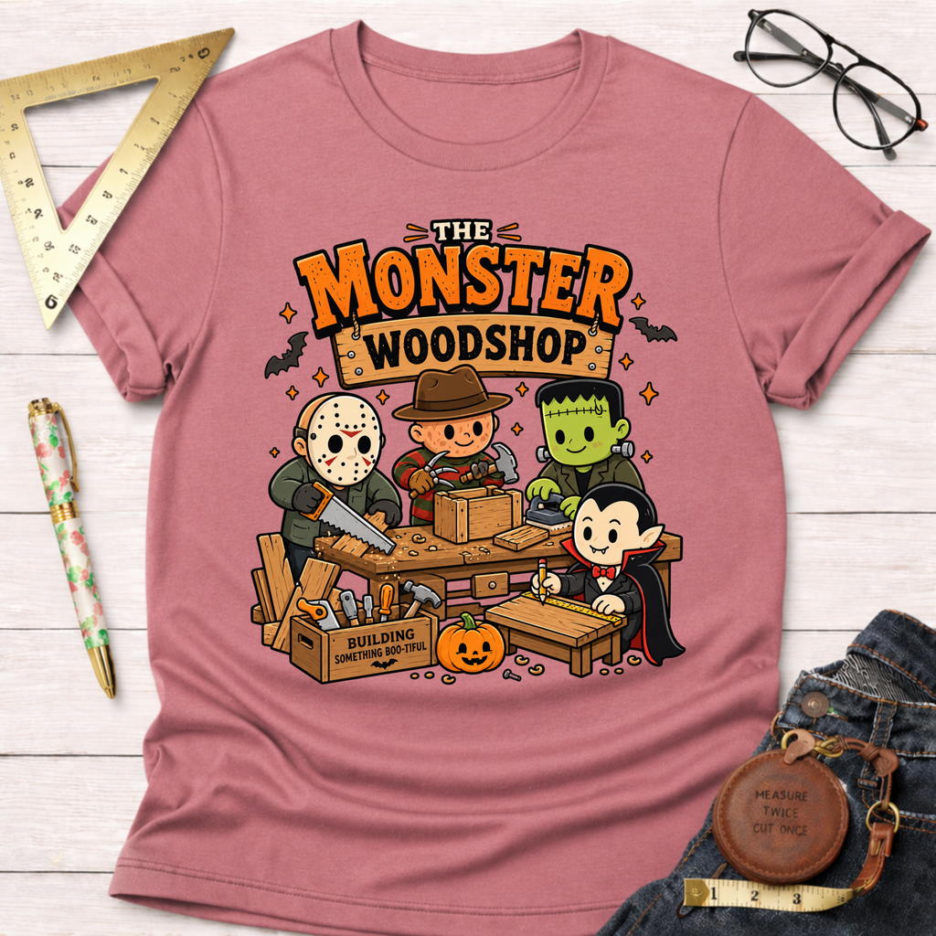 Monster Woodshop funny woodworking t-shirt – Sawdust & Ponytails (view 2)