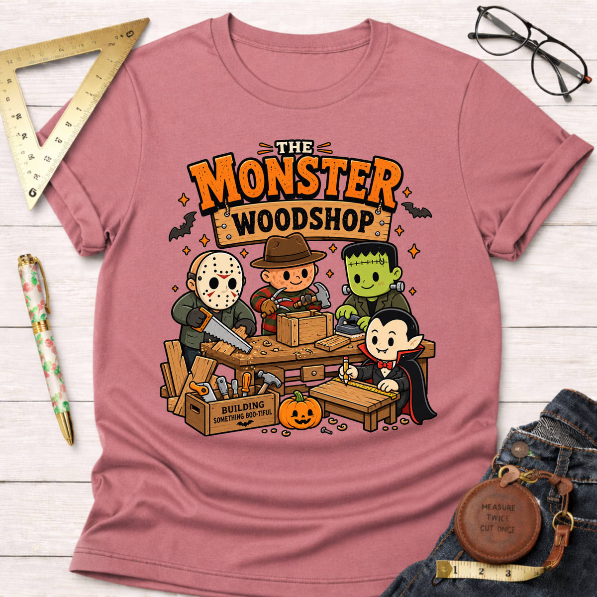 Monster Woodshop funny woodworking t-shirt – Sawdust & Ponytails (view 2)