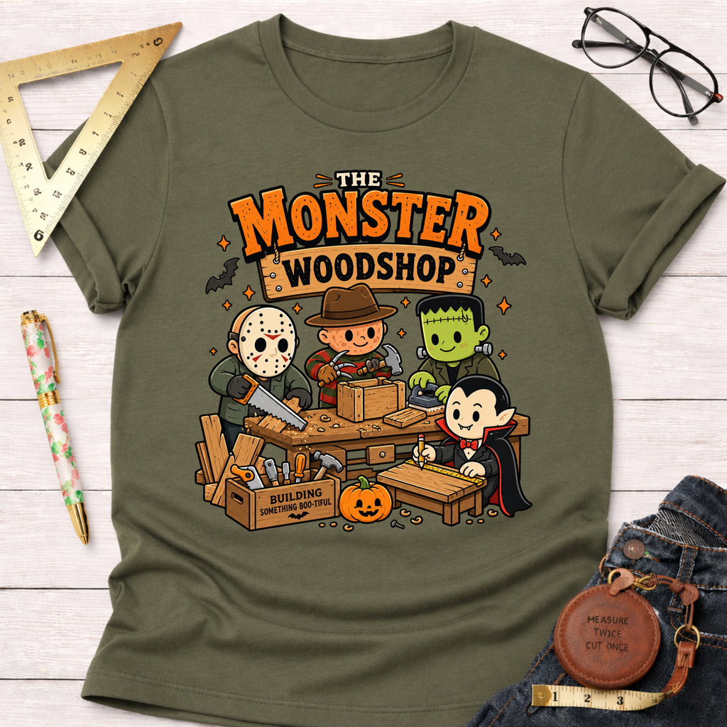 Monster Woodshop funny woodworking t-shirt – Sawdust & Ponytails (view 8)