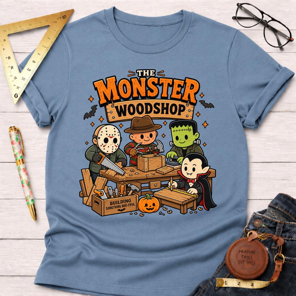 Monster Woodshop funny woodworking t-shirt – Sawdust & Ponytails (view 6)