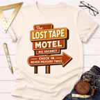 The Lost Tape Motel funny woodworking t-shirt – Sawdust & Ponytails (view 3)
