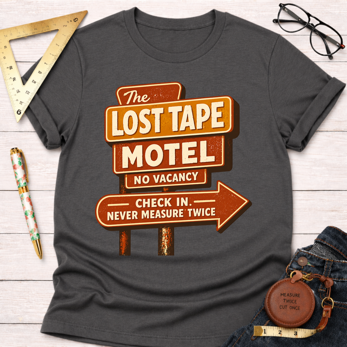 The Lost Tape Motel funny woodworking t-shirt – Sawdust & Ponytails (view 8)