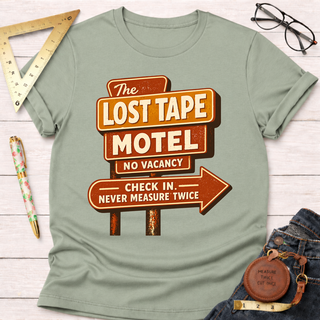 The Lost Tape Motel funny woodworking t-shirt – Sawdust & Ponytails (view 9)