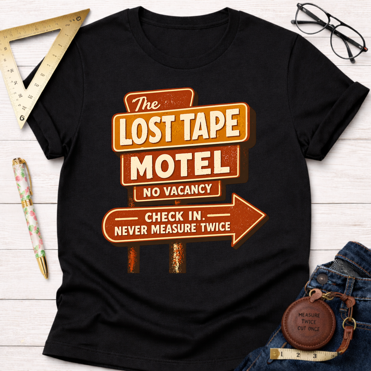 The Lost Tape Motel funny woodworking t-shirt – Sawdust & Ponytails (view 4)