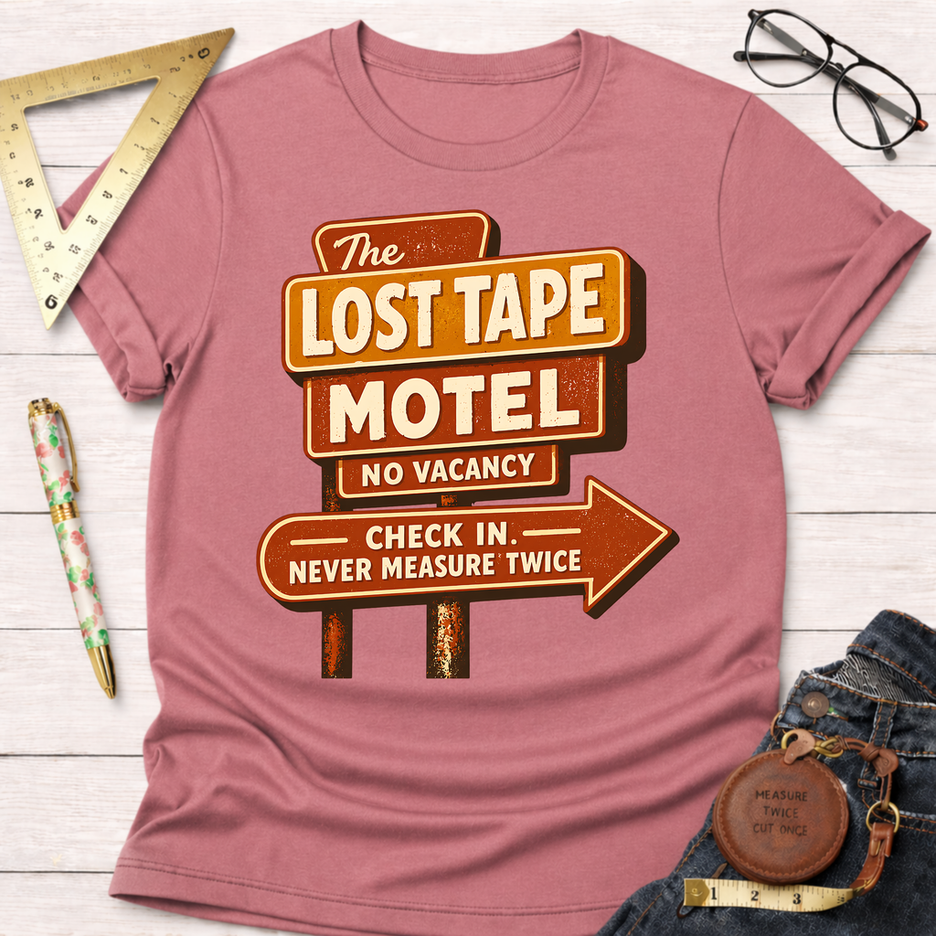 The Lost Tape Motel funny woodworking t-shirt – Sawdust & Ponytails (view 2)