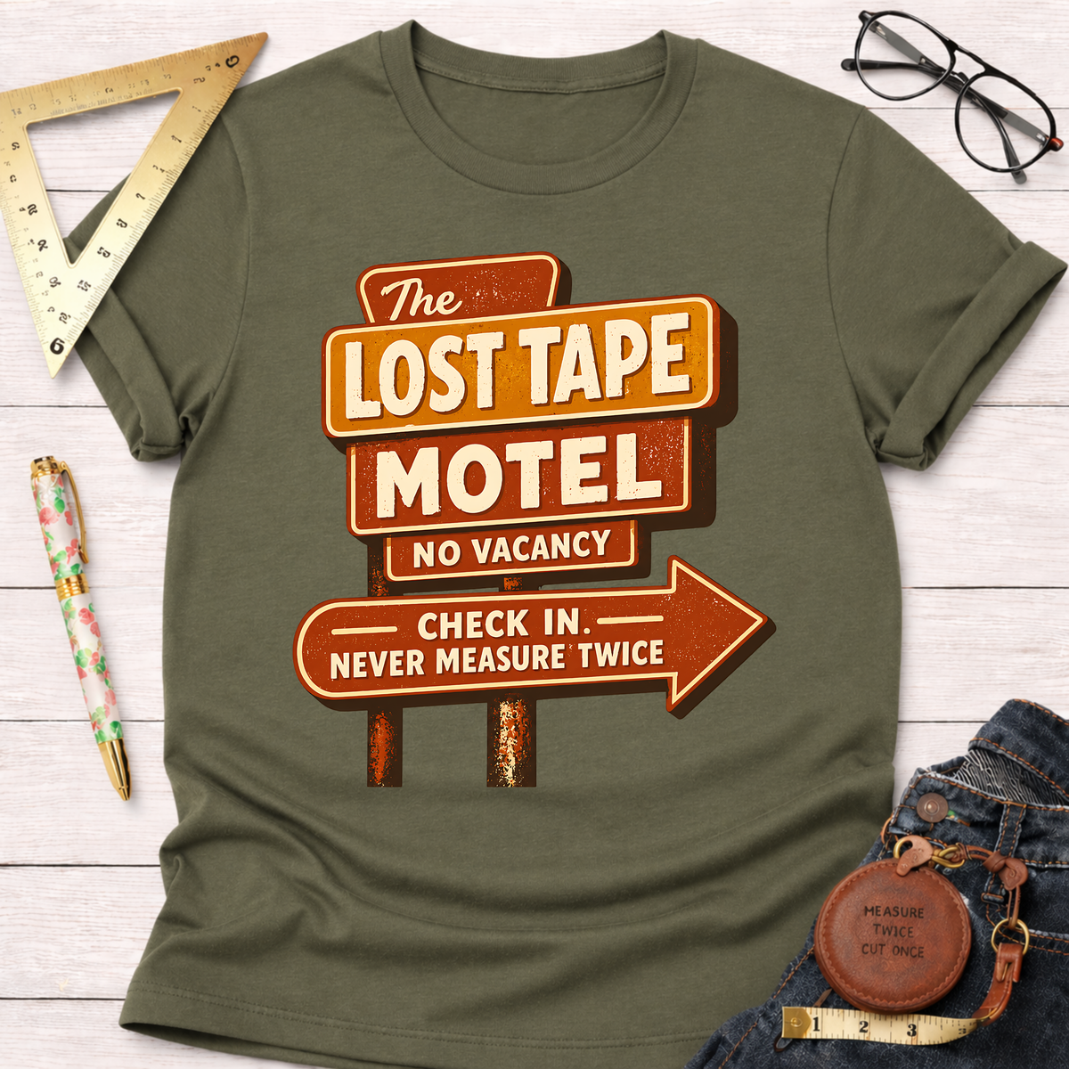 The Lost Tape Motel funny woodworking t-shirt – Sawdust & Ponytails (view 7)