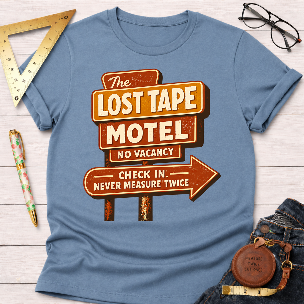 The Lost Tape Motel funny woodworking t-shirt – Sawdust & Ponytails (view 6)