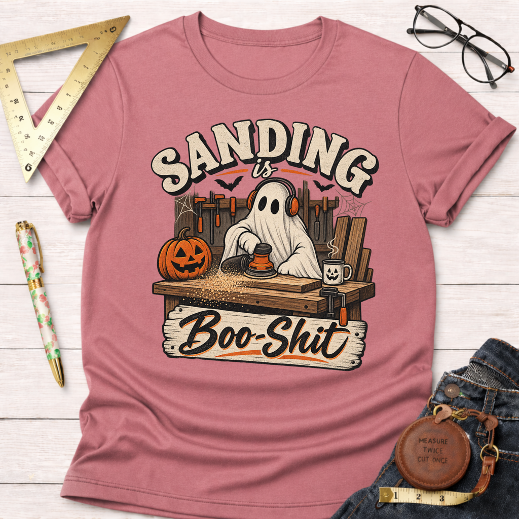 Sanding Is Boo-Shit funny woodworking t-shirt – Sawdust & Ponytails (view 2)