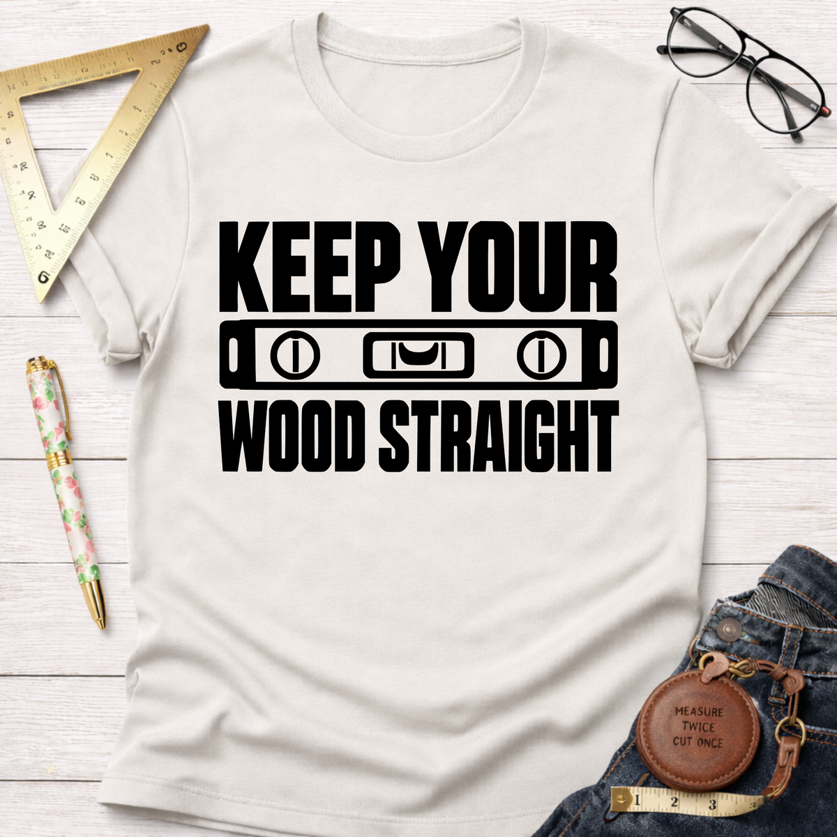 Keep Your Wood Straight funny woodworking t-shirt – Sawdust & Ponytails (view 5)