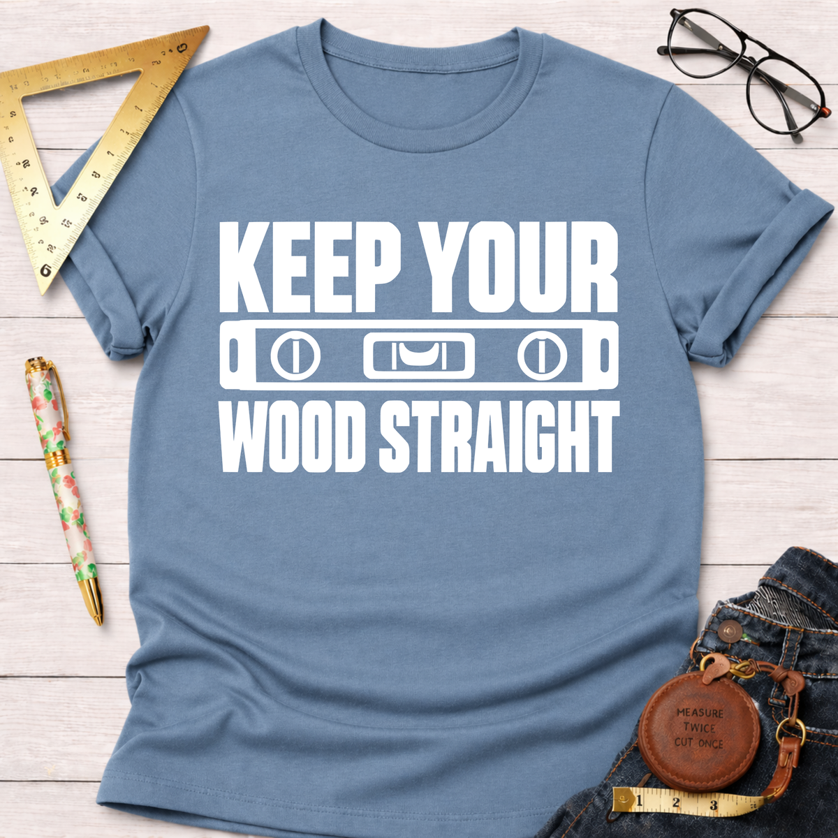 Keep Your Wood Straight funny woodworking t-shirt – Sawdust & Ponytails (view 6)