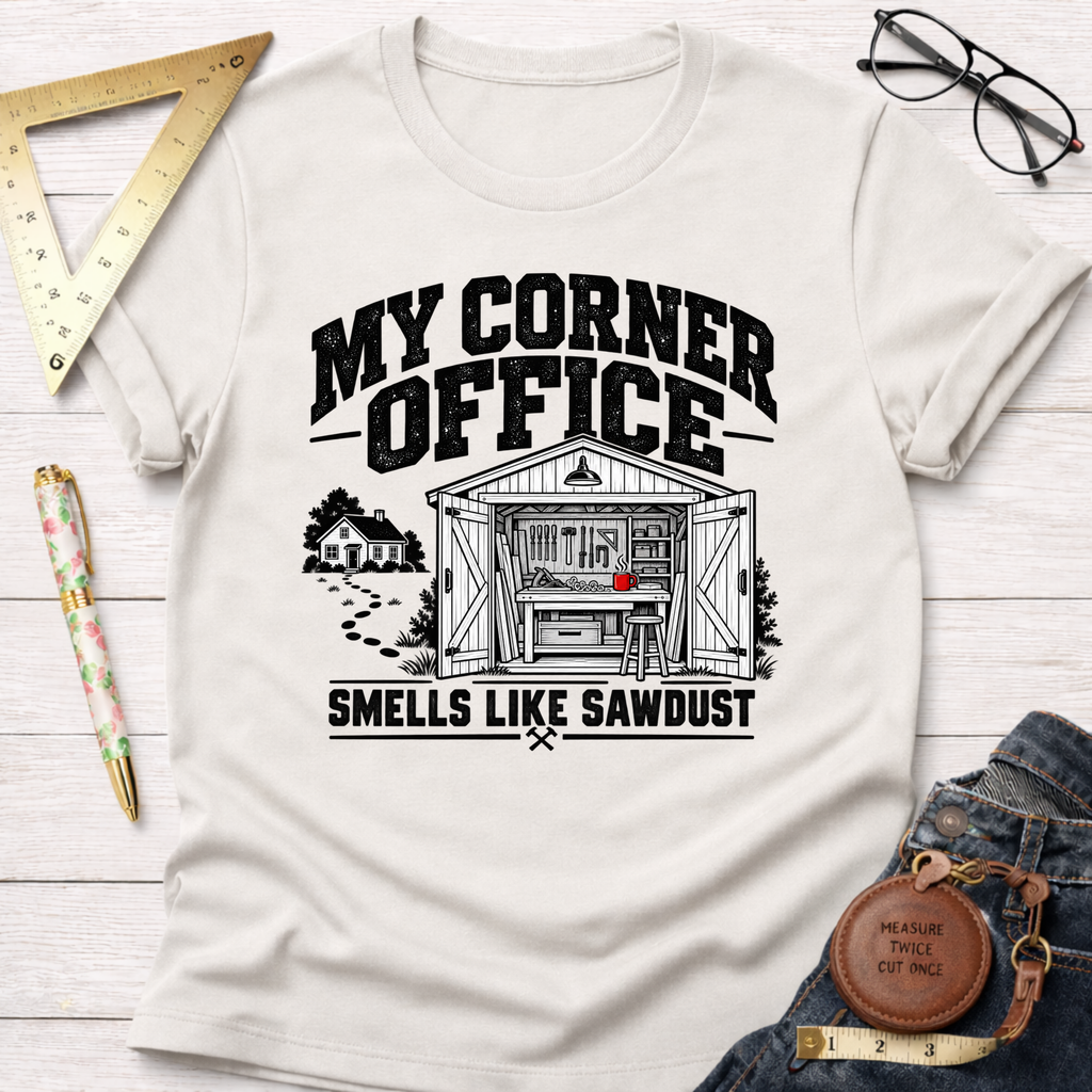 My Corner Office funny woodworking t-shirt – Sawdust & Ponytails (view 5)