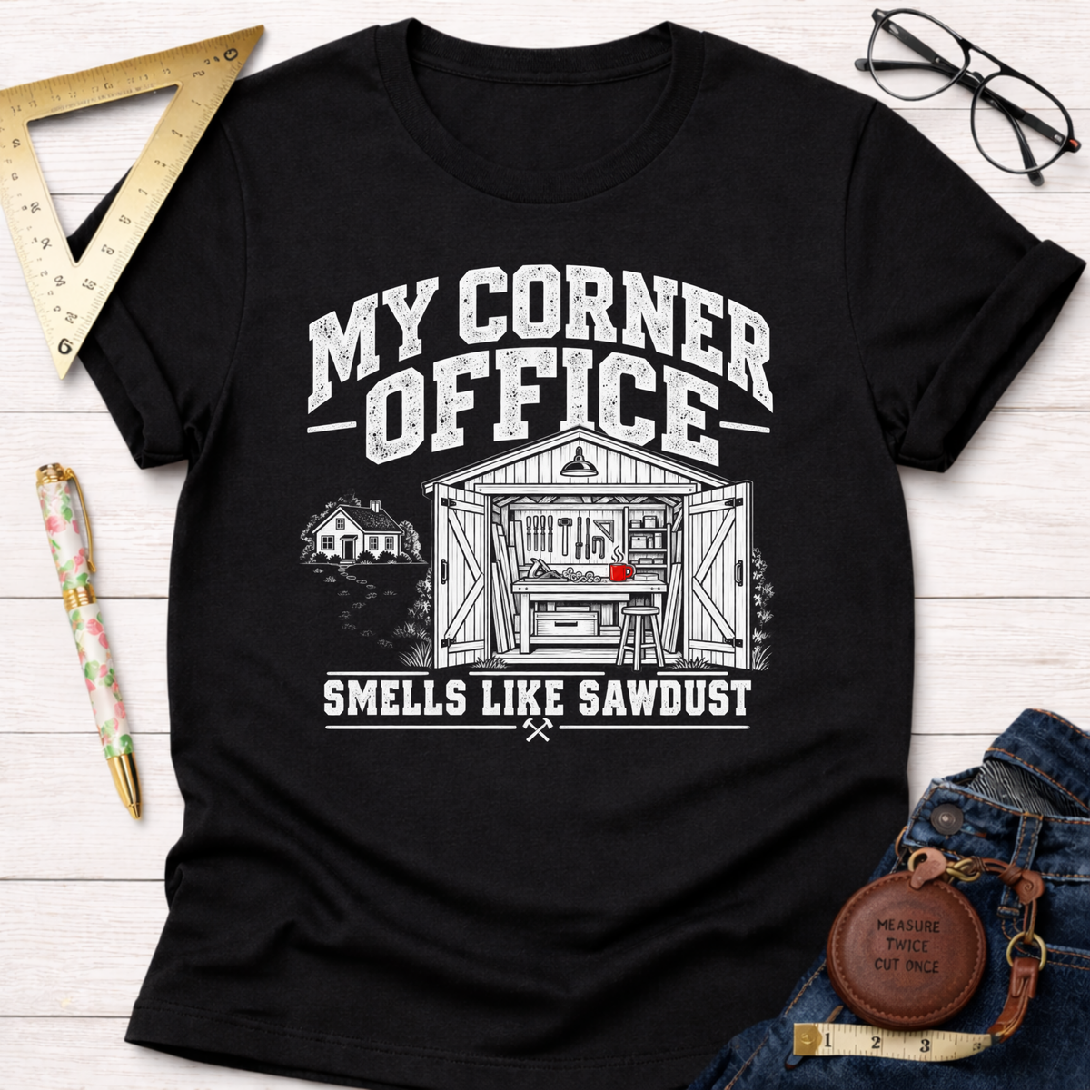 My Corner Office funny woodworking t-shirt – Sawdust & Ponytails (view 4)