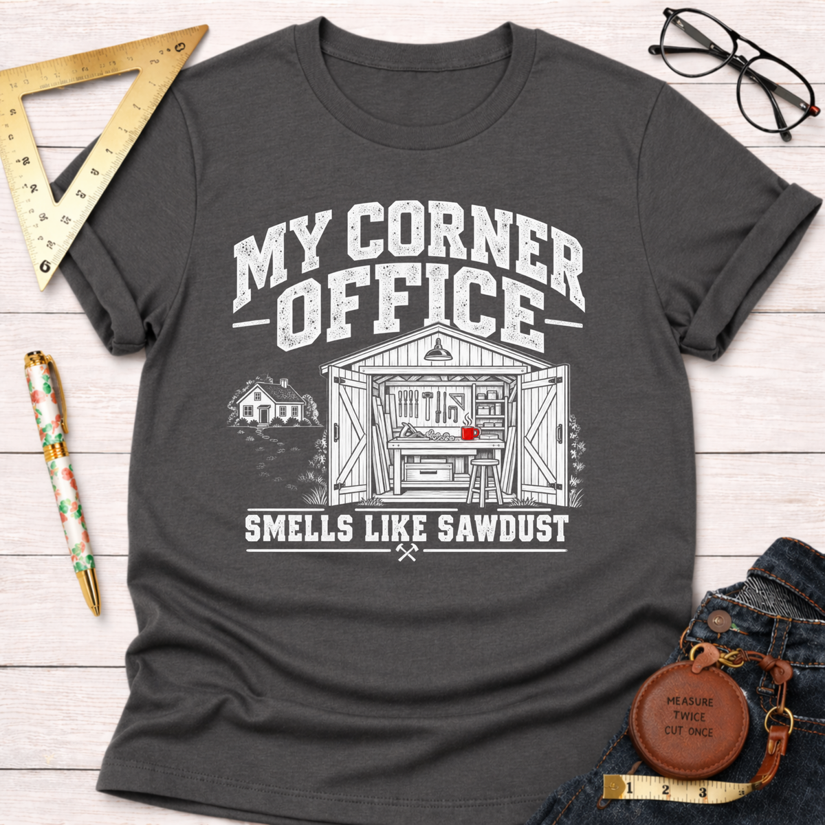 My Corner Office funny woodworking t-shirt – Sawdust & Ponytails (view 8)