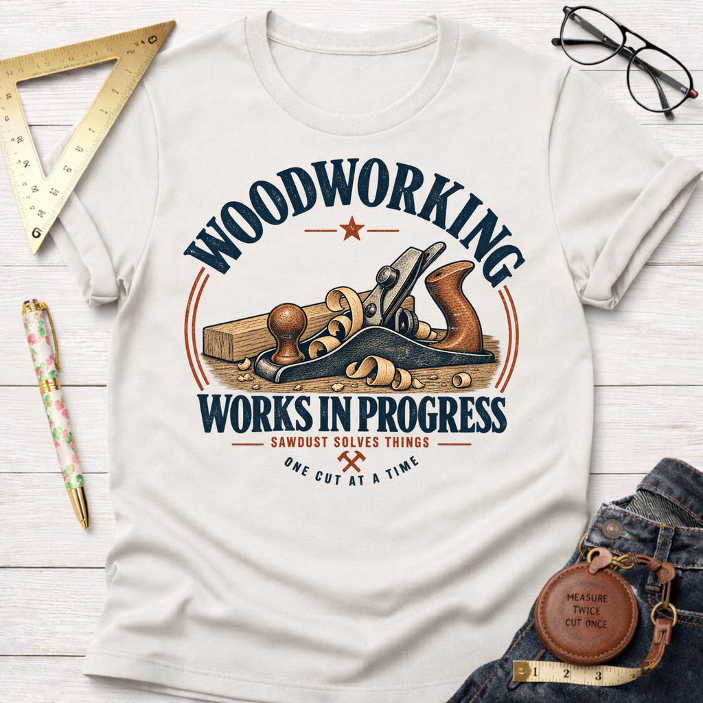 Works In Progress funny woodworking t-shirt – Sawdust & Ponytails