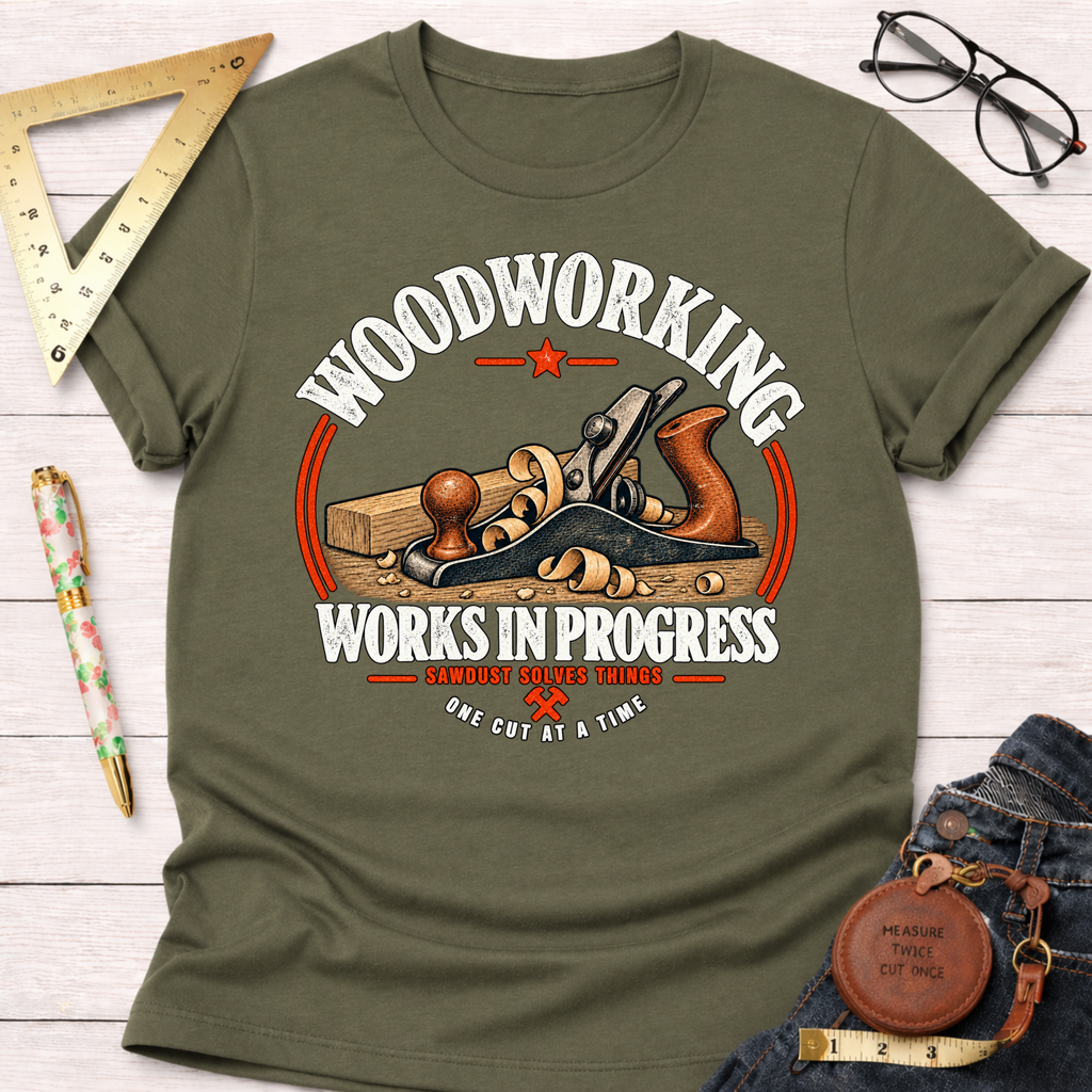 Works In Progress funny woodworking t-shirt – Sawdust & Ponytails (view 7)