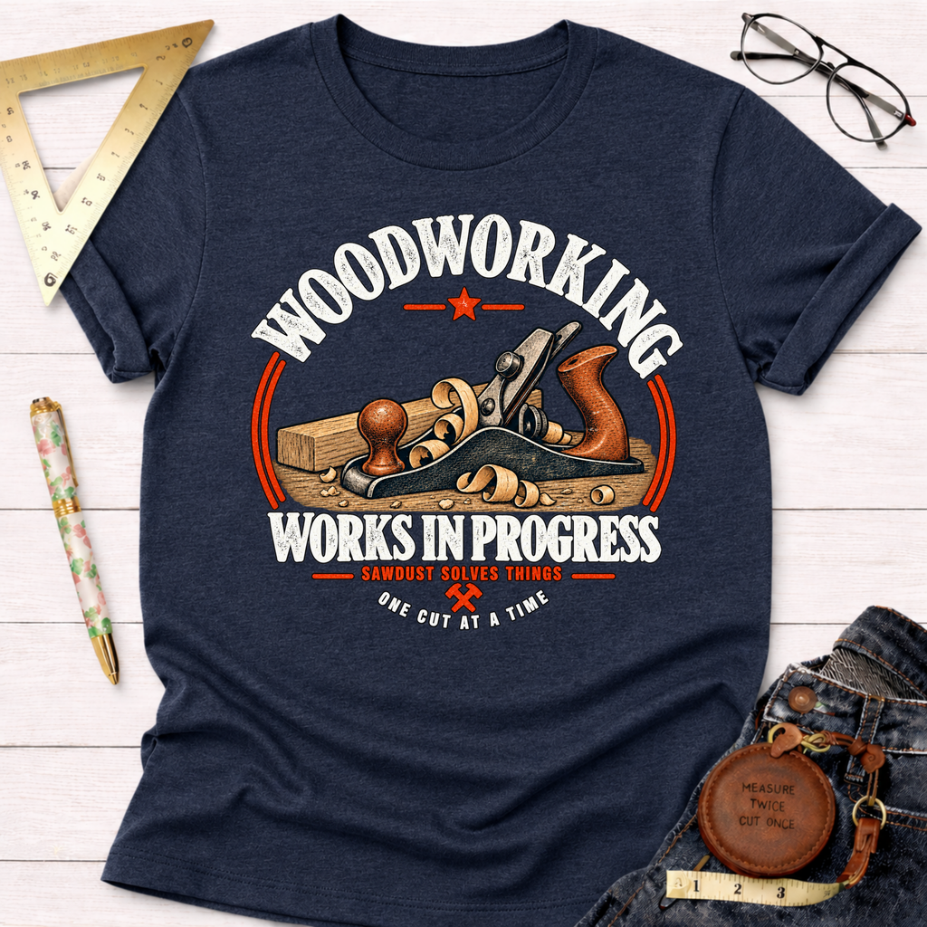 Works In Progress funny woodworking t-shirt – Sawdust & Ponytails (view 6)