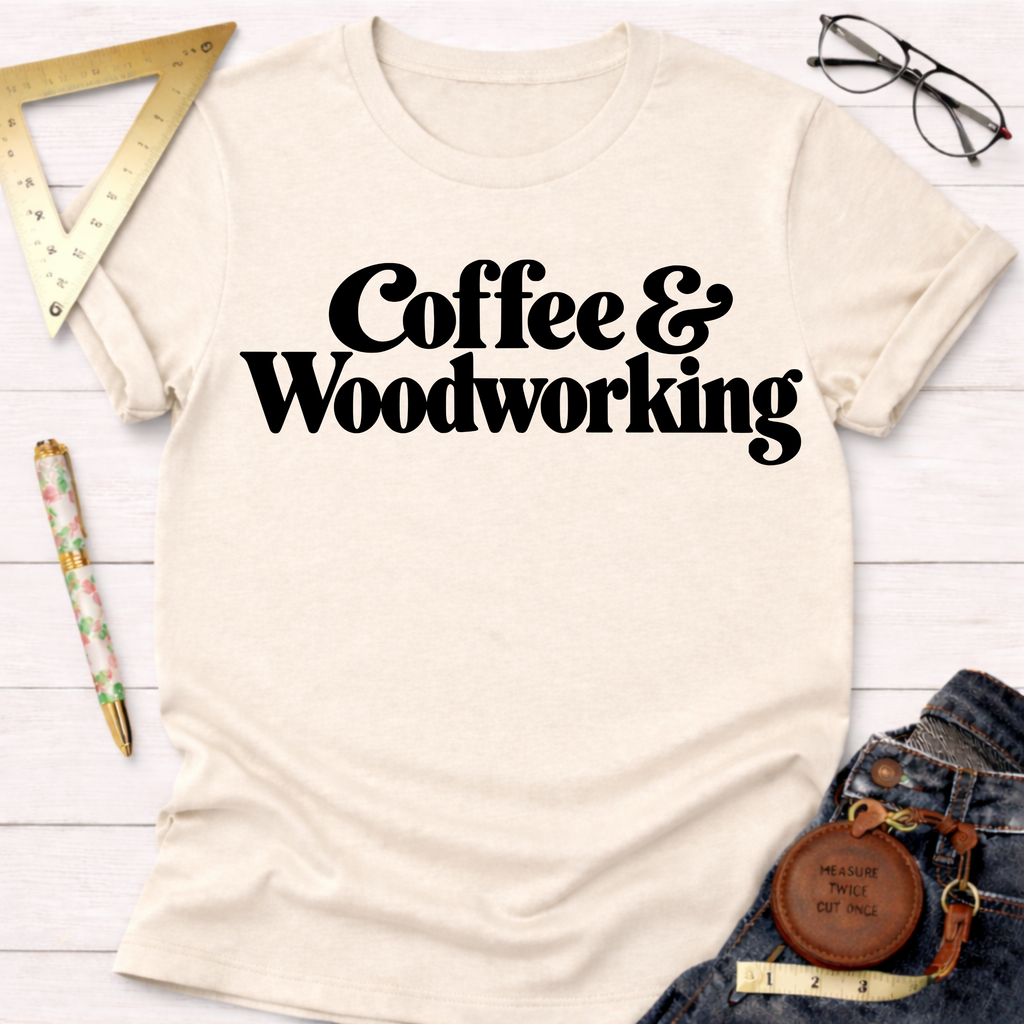 Coffee & Woodworking funny t-shirt – Sawdust & Ponytails (view 3)