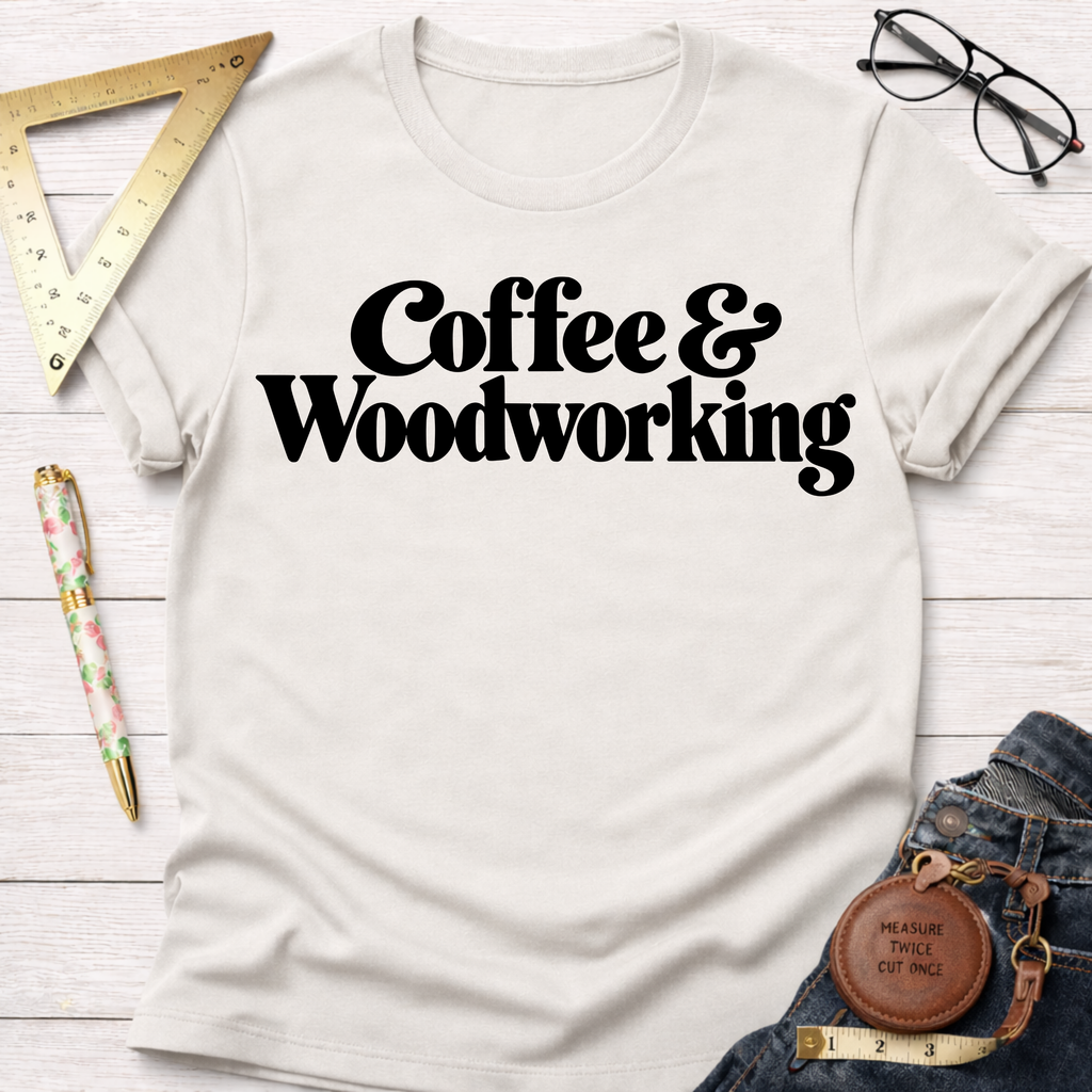 Coffee & Woodworking funny t-shirt – Sawdust & Ponytails (view 4)