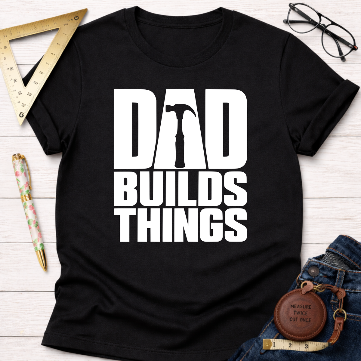 Dad Builds Things funny woodworking t-shirt – Sawdust & Ponytails (view 4)