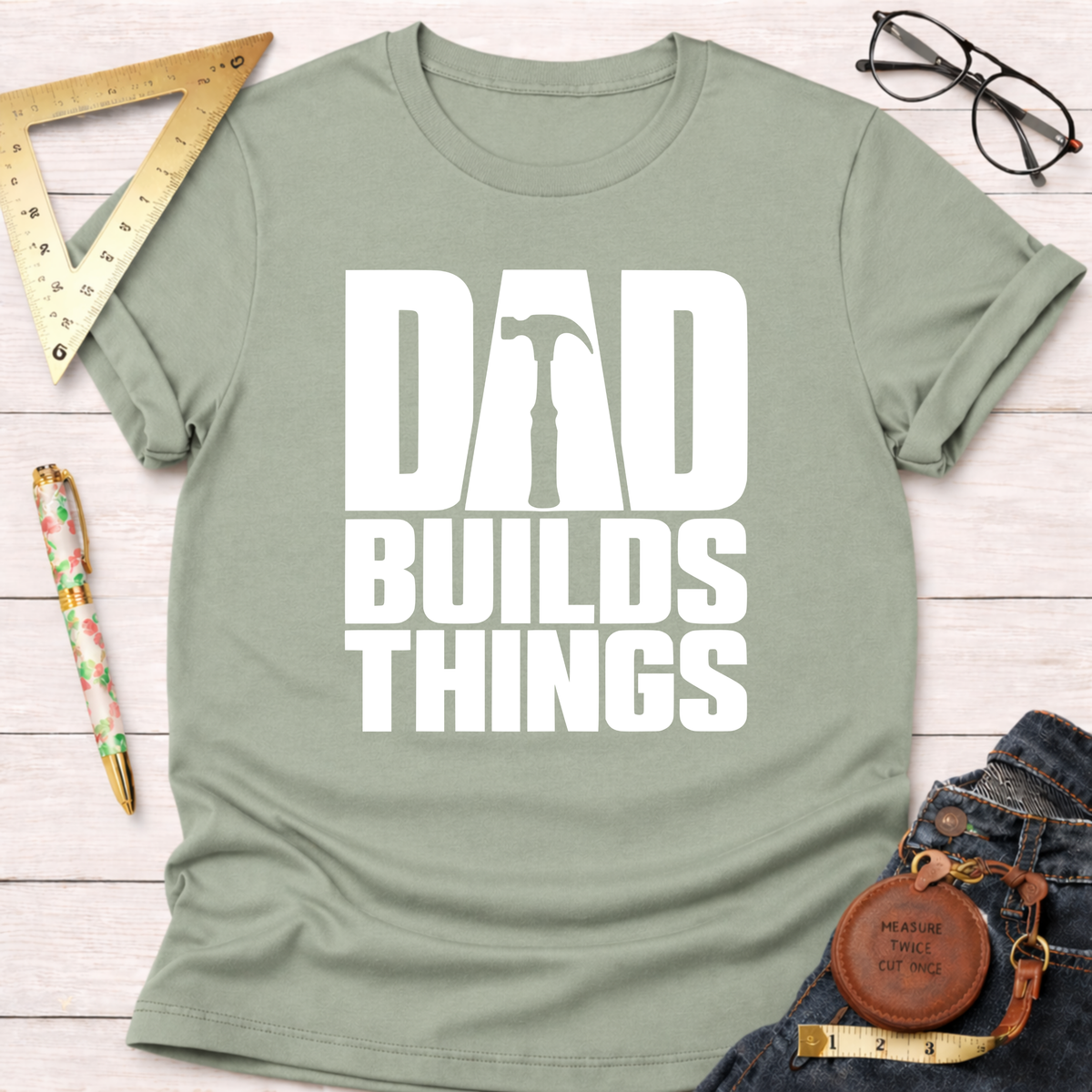 Dad Builds Things funny woodworking t-shirt – Sawdust & Ponytails (view 9)