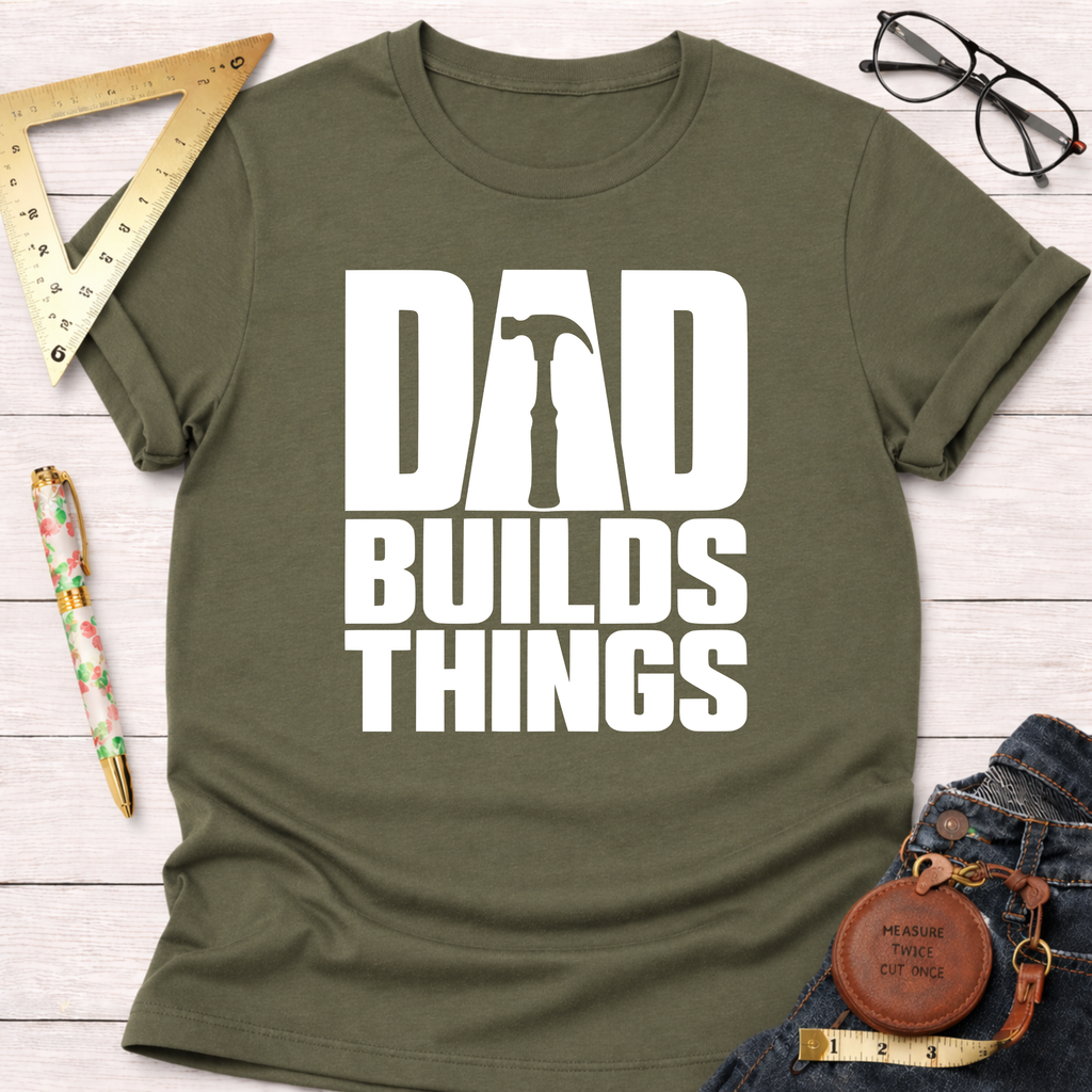 Dad Builds Things funny woodworking t-shirt – Sawdust & Ponytails (view 7)
