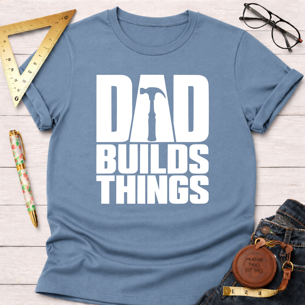 Dad Builds Things funny woodworking t-shirt – Sawdust & Ponytails (view 6)