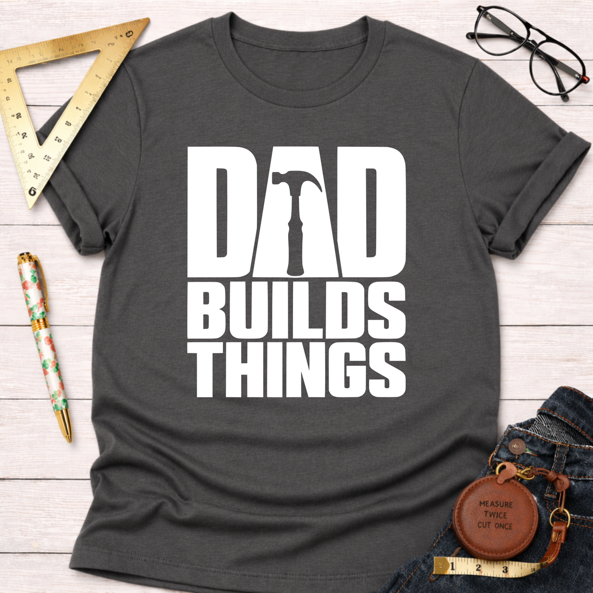 Dad Builds Things funny woodworking t-shirt – Sawdust & Ponytails (view 8)