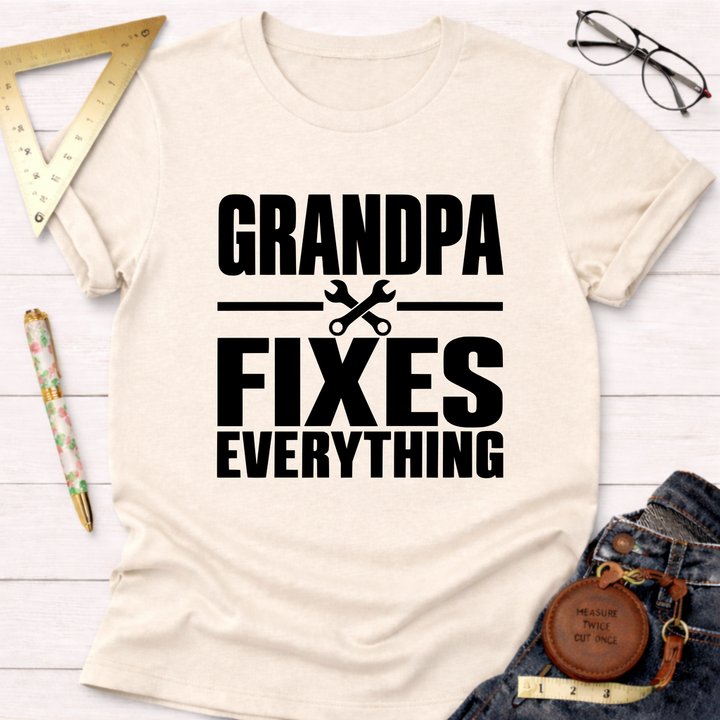 Grandpa Fixes Everything funny woodworking t-shirt – Sawdust & Ponytails (view 3)