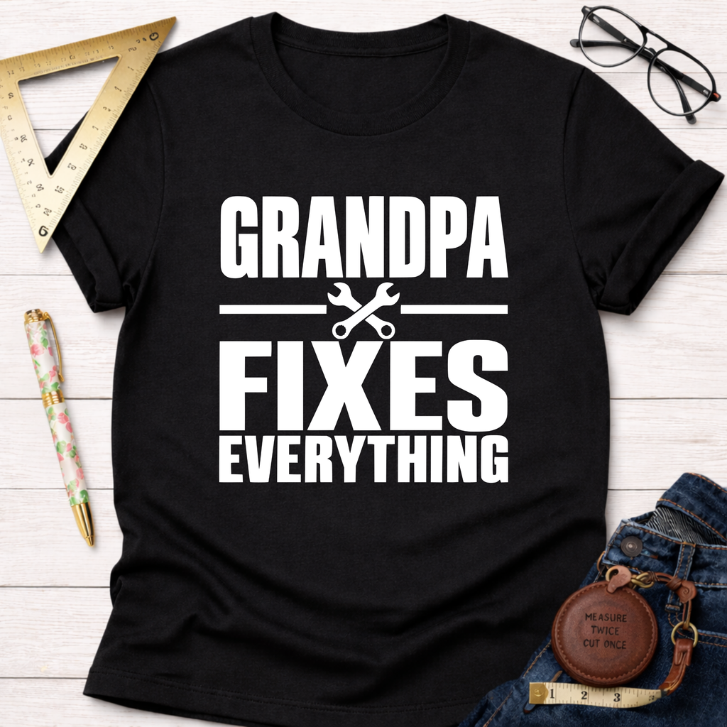 Grandpa Fixes Everything funny woodworking t-shirt – Sawdust & Ponytails (view 4)
