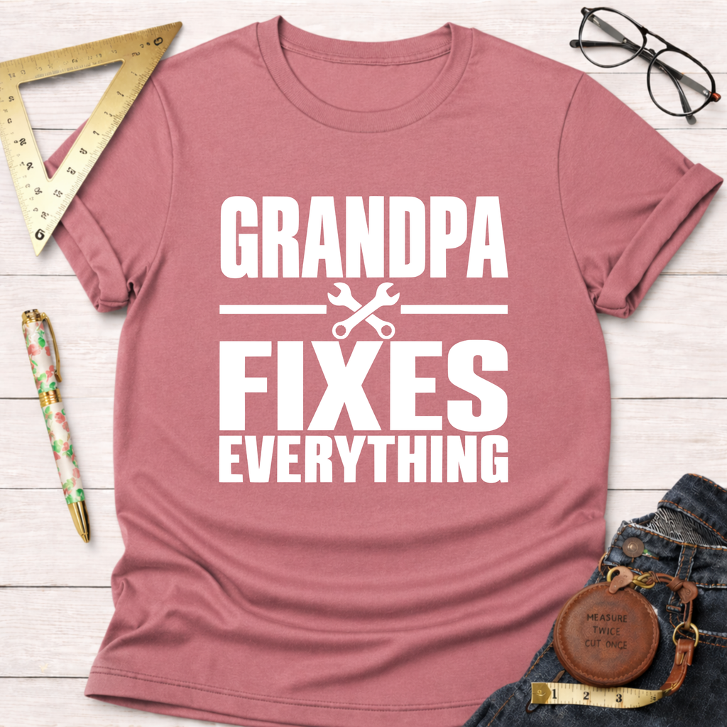 Grandpa Fixes Everything funny woodworking t-shirt – Sawdust & Ponytails (view 2)