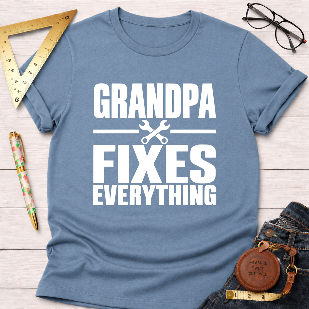 Grandpa Fixes Everything funny woodworking t-shirt – Sawdust & Ponytails (view 6)