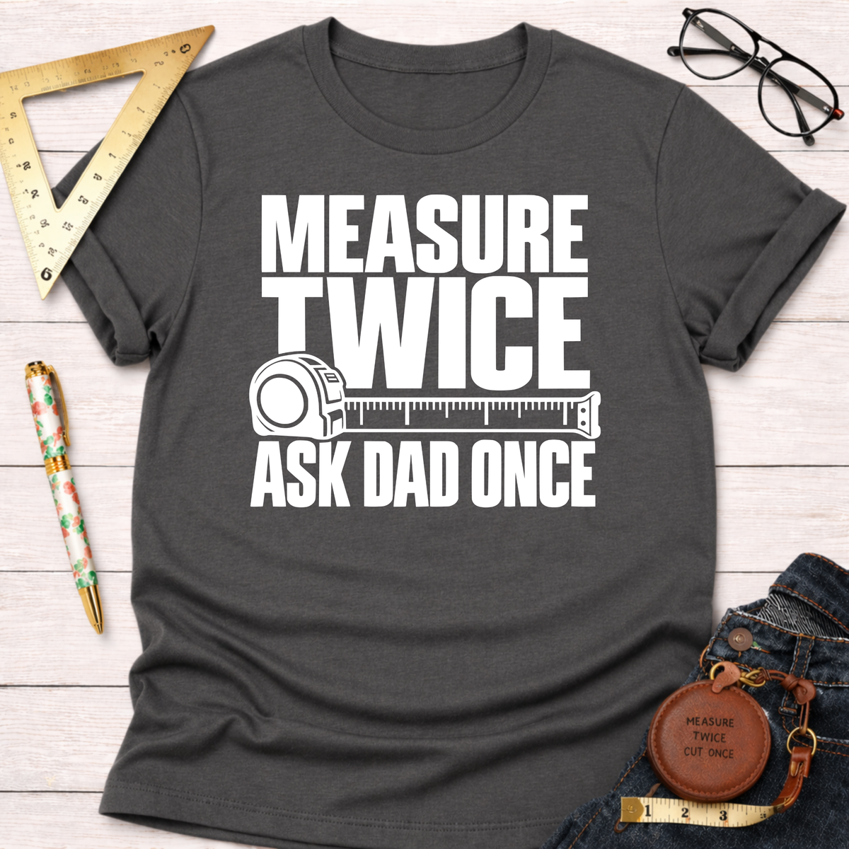 Measure Twice Ask Dad Once funny woodworking t-shirt – Sawdust & Ponytails (view 8)