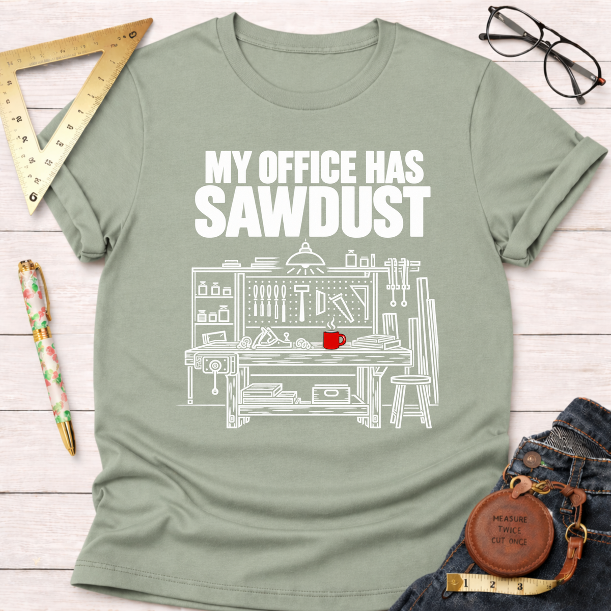 My Office Has Sawdust woodworking t-shirt, line-art workshop on sage – Sawdust & Ponytails (view 1)