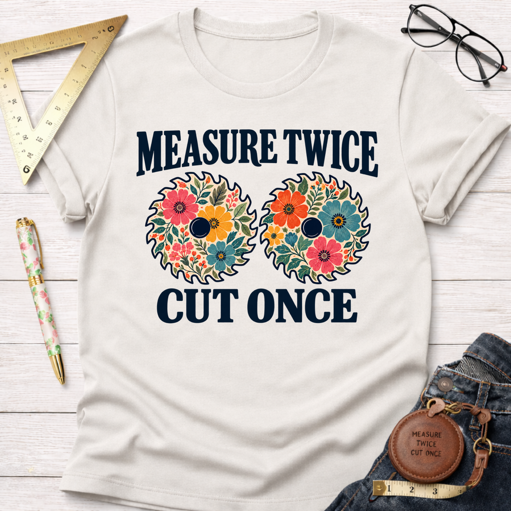 Measure Twice Cut Once floral woodworking t-shirt, floral saw blades on natural – Sawdust & Ponytails (view 1)