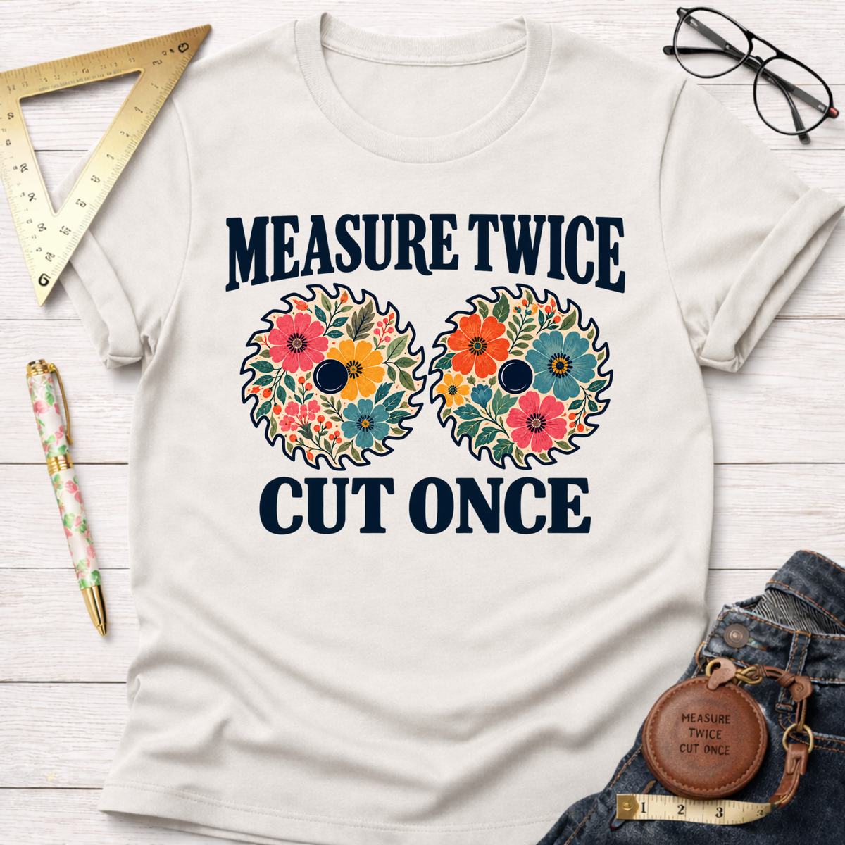 Measure Twice Cut Once floral woodworking t-shirt, floral saw blades on natural – Sawdust & Ponytails (view 1)