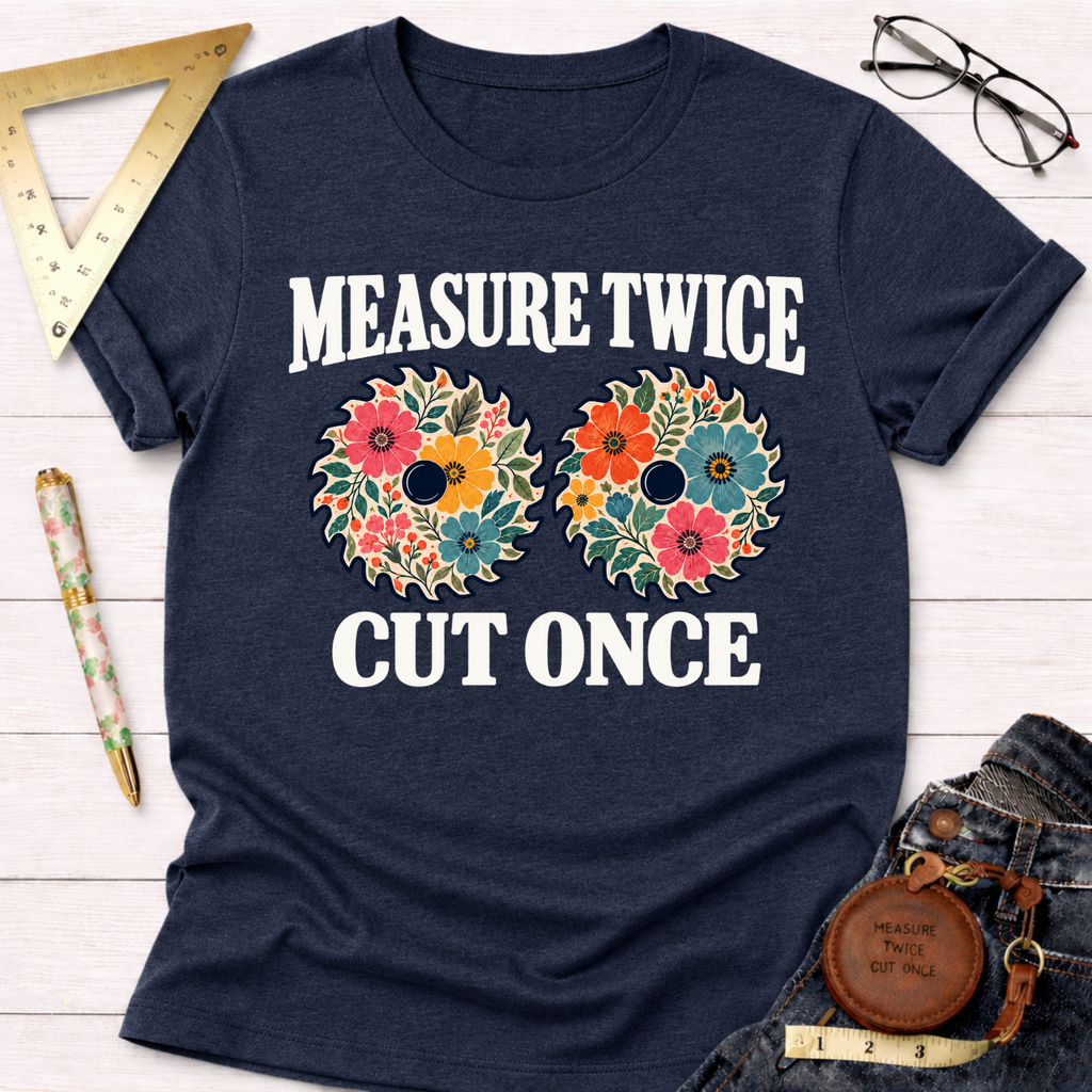 Measure Twice Cut Once floral woodworking t-shirt – Sawdust & Ponytails (view 6)