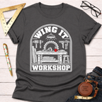 Winging It woodworking t-shirt, Wing It Workshop badge on asphalt gray – Sawdust & Ponytails (view 1)