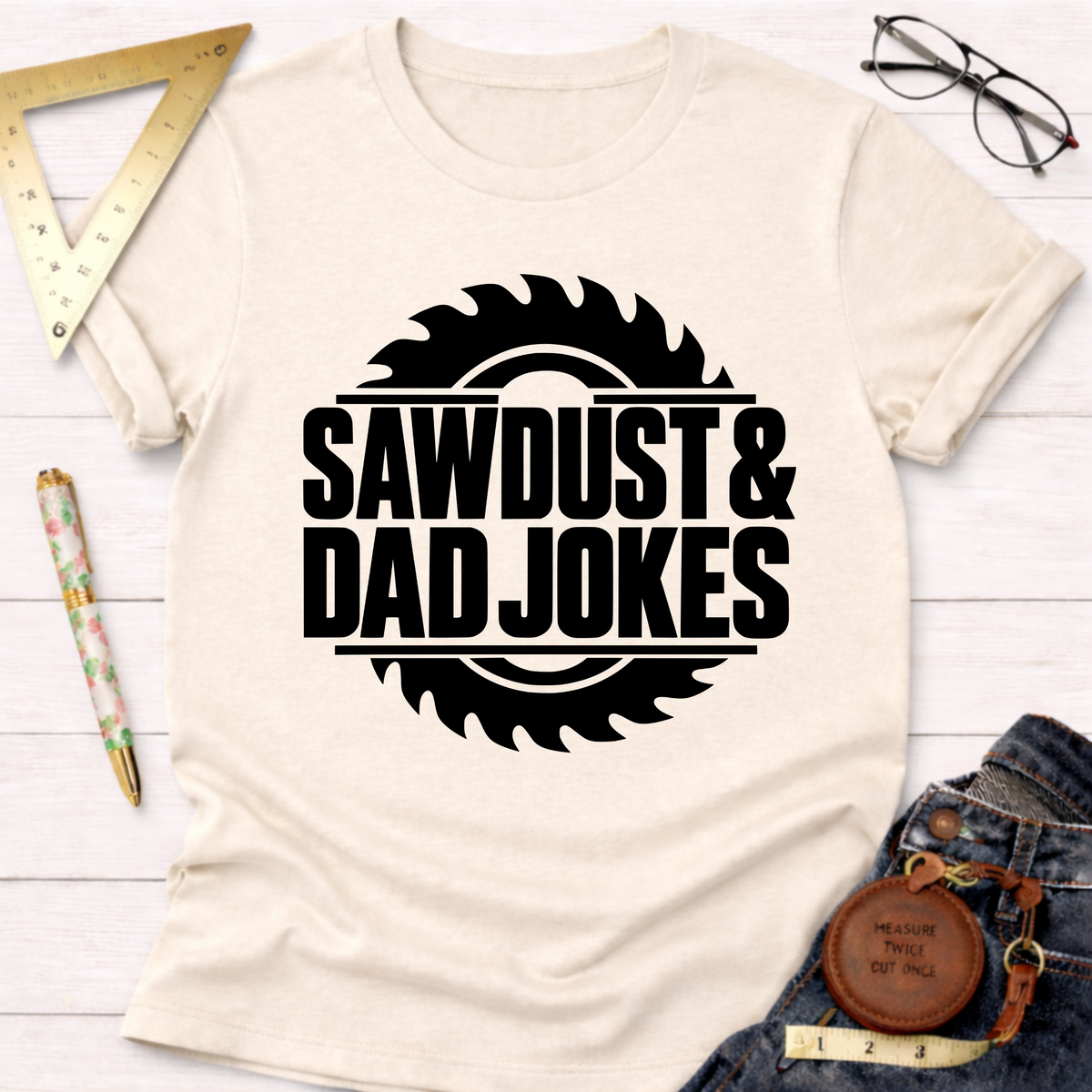 Sawdust & Dad Jokes woodworking t-shirt – Sawdust & Ponytails (view 3)