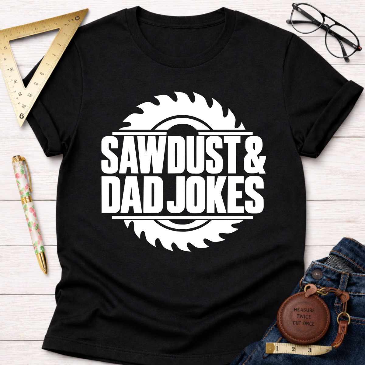 Sawdust & Dad Jokes woodworking t-shirt, saw blade design on black – Sawdust & Ponytails (view 1)